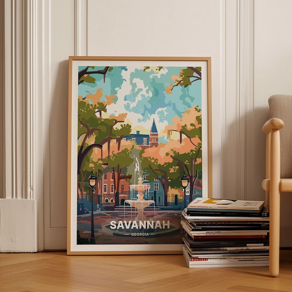 Cartel de viaje de Savannah Forsyth Park, arte paisajístico moderno de mediados de siglo, decoración ecléctica de la pared de Georgia, C20-805