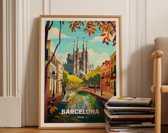 以下が含まれることがあります： スペインのバルセロナの街並みをカラフルに描いたイラスト。橋のある運河、建物、木々などが描かれている。画像の下部には「BARCELONA - SPAIN」というテキストが書かれている。