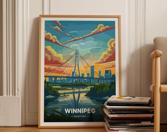 Könnte beinhalten: Eine farbenfrohe Illustration der Skyline von Winnipeg mit einer Brücke und einem Fluss. Der Text "WINNIPEG - MANITOBA" befindet sich am unteren Rand des Bildes.