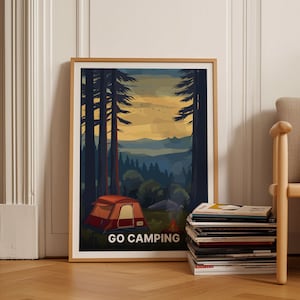 Camping Adventure Poster, Outdoor Hiking & Campfire Art, Retro Vanlife Decor, Caravan Travel Print, Unique Explorer Gift, C20-1841