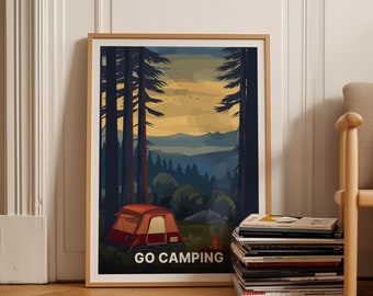 May include: A framed poster with a vintage style illustration of a red tent in a forest with a campfire in front of it. The text "GO CAMPING" is at the bottom of the poster.