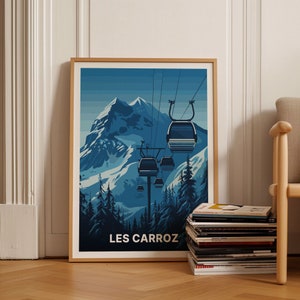 May include: A blue and white poster with a mountain scene and the text "LES CARROZ". The poster features a ski lift with several gondolas.