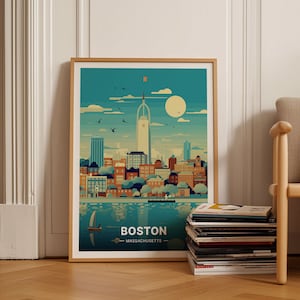 Boston Skyline Travel Poster, Massachusetts Cityscape Wall Art, Home Decor, Office Decoration, Gift for Travelers, C20-124