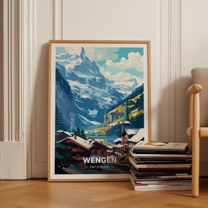 Póster de viaje de los Alpes suizos de Wengen, arte mural para el hogar y la oficina, decoración de paisajes de Suiza, regalo para viajeros y entusiastas del arte, C20-405