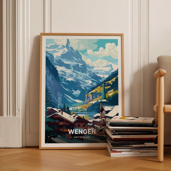 Wengen Switzerland Travel Poster, Swiss Alps Scenery Art, C20-405