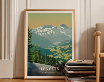 Les Gets Skiing Poster, Retro French Alps Travel Art, C20-1819
