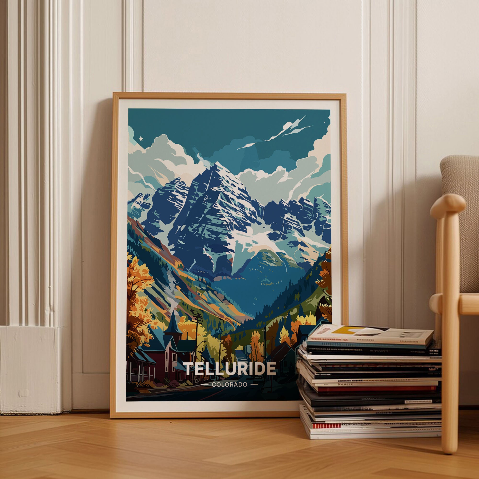 Telluride Colorado Travel Poster, Scenic Mountain Landscape Art