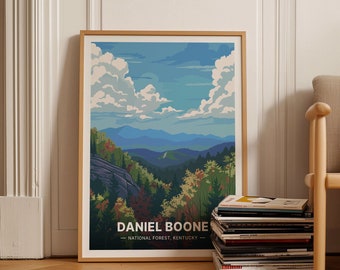 May include: A framed poster with a scenic view of a forest with mountains in the background. The poster has the text "Daniel Boone - National Forest, Kentucky" at the bottom.
