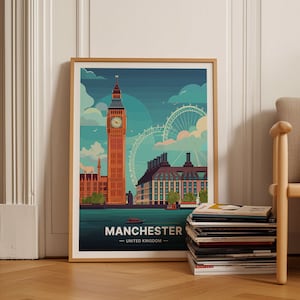 Manchester Skyline Travel Poster, England Cityscape Wall Art, UK Urban Decor, Home and Office Decoration, C20-530
