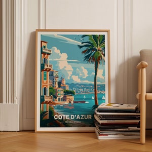 Cote D'azur Reiseplakat, Frankreich Küste Wandkunst, Innendekor, Geschenk für Reisebegeisterte, Kunstliebhaber Dekor, C20-1034