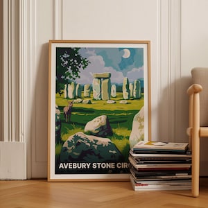 Avebury Stone Circle Travel Poster, Neolithic Monument Art, Retro Wall Decor, Wiltshire Landscape, Pagan Gift Idea, C20-1739