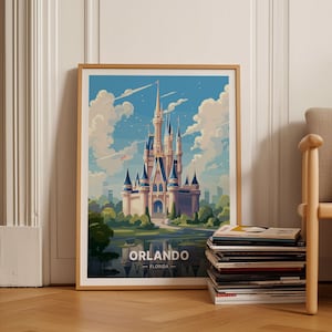 Orlando skyline reisposter, kunst aan de muur Florida, decor voor thuis en op kantoor, op reizen geïnspireerde kunstwerken, stadsgezicht illustratie, C20-12