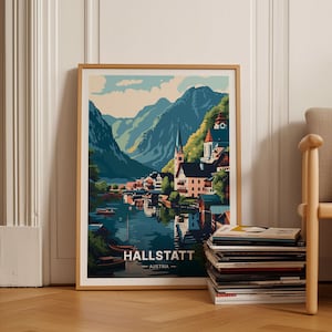 Hallstatt Lake Travel Poster, Austria Alpine Landscape Wall Art, Mountain Scenery Home Decor, European Travel Gift Idea, C20-1471
