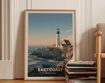 Ostküstenposter, blauer und pfirsichfarbener Leuchtturm-Giclée-Druck auf 200 g/m² mattem Papier