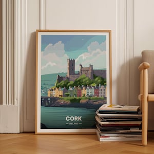 Póster de viaje de Cork Ireland, Obra de arte con vistas al día del río y Cobh, Decoración de pared de nubes esponjosas para el hogar y la oficina, C20-360