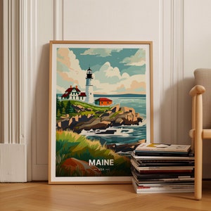 Póster de paisaje costero de Maine, Arte de pared inspirado en viajes, Decoración de monumentos estatales, Decoración del hogar y la oficina, C20-1583