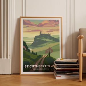 Scotland Travel Poster, St Cuthbert&#39;s Way, Melrose Abbey & Holy Island Art, Hiking Trail Wall Decor, C20-1590