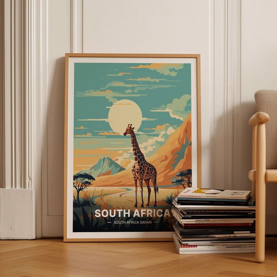 South Africa Safari Poster, Giraffe Landscape Art, C20-55