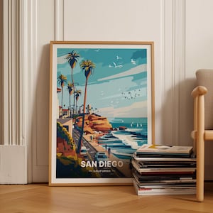 San Diego La Jolla Reiseplakat, Kalifornien Küstenwandkunst, Stranddekor, Ozeanblick Landschaftsdruck, C20-576
