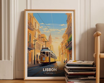 May include: A vintage-style poster featuring a yellow tram traveling down a street in Lisbon, Portugal. The poster has a blue sky with white clouds and yellow buildings on either side of the street. The text "LISBON - PORTUGAL" is at the bottom of the poster.