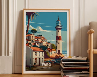 Faro Portugal Travel Poster, Cityscape Lighthouse Art, C20-1422