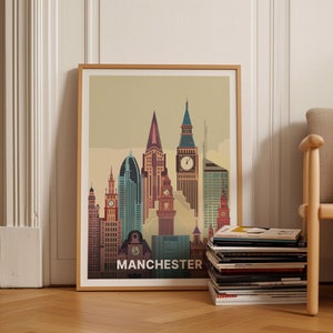 Manchester Skyline Travel Poster, Cityscape Wall Art, Urban Home Decor, Unique Housewarming Gift, C20-619