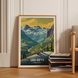 French Alps Ski Resort Poster - Retro Travel Art, Les Gets, Morzine, Avoriaz, Mont Chery, Snowboarding Decor, C20-1290