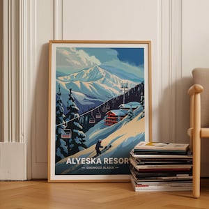 May include: A vintage-style poster featuring a snowy mountain scene with a skier in the foreground. The poster reads "Alyeska Resort - Girdwood Alaska".