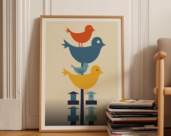 Mid Century Modern Bird Print, Retro Geometric Art, C20-247