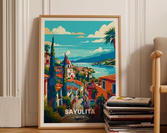 Sayulita Mexico reizen poster, levendige kunst aan de muur voor thuis en op kantoor decor, Mexicaanse strand scène artwork, C20-1077