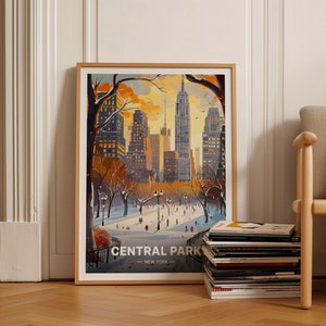 Affiche Winter Wonderland de Central Park, oeuvre d'art murale voyage à New York, décoration des fêtes de fin d'année, scène de patinage sur glace, C20-636