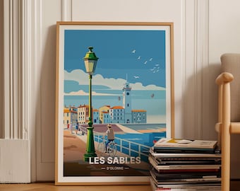 Poster de voyage Les Sables d'Olonne, art de la plage côtière française, décoration murale européenne, cadeau de voyage unique, pendaison de crémaillère et, C20-582