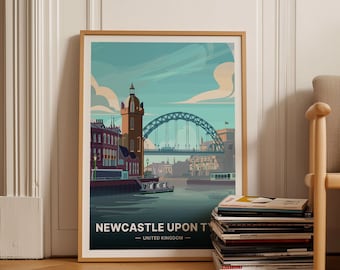 May include: A colorful illustration of the Tyne Bridge in Newcastle upon Tyne, England. The bridge is a steel arch bridge that crosses the River Tyne. The illustration also features a tall tower and other buildings along the riverbank. The text "NEWCASTLE UPON TYNE - UNITED KINGDOM -" is at the bottom of the illustration.