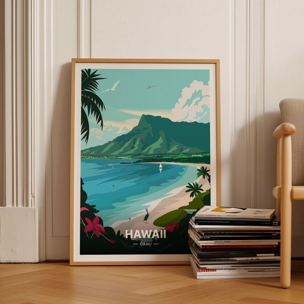 Hawaii Travel Poster, Oahu and Honolulu Wall Art, Ideal for Wedding and Birthday Gifts, Tropical Decor, C20-1048