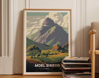 May include: A vintage-style poster featuring a mountain landscape with a small house in the foreground. The poster is titled "Moel Siabod - Eryri" and is printed in muted colors.