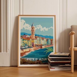 Menton Frankrijk reisposter, Franse Rivièra strandkunst, skyline van de stad Provence, muurdecoratie huis, uniek reiscadeau-idee, C20-1351