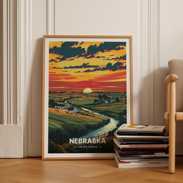 Nebraska Sunset Travel Poster, Vintage Retro Art for Home Decor, All States Landscape Wall Art, C20-931