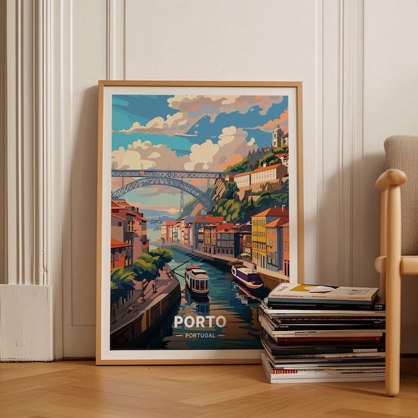 Poster de voyage à Porto, art du paysage urbain du Portugal, décoration murale pour la maison et le bureau, idée cadeau de voyage unique, C20-335