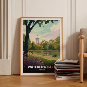 Póster de viaje de Londres, Waterlow Park Highgate Skyline, Decoración del norte de Londres, Arte de pared del cementerio de Highgate, C20-1648