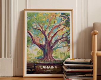 Vintage Lahaina Maui Poster, Hawaiian Banyan Tree Art, Mid-Century Modern Travel Decor, Hawaii Wall Art, C20-1