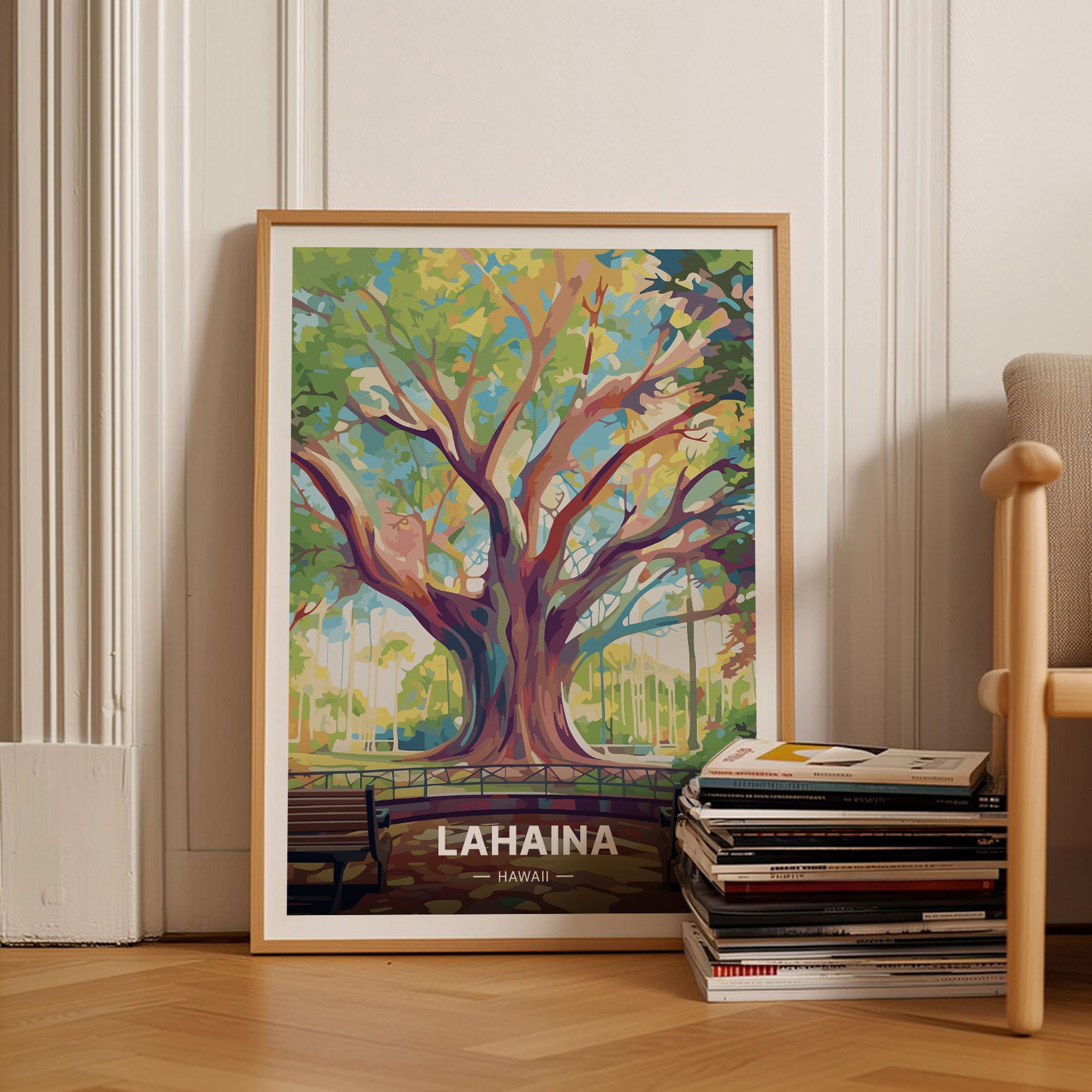 50’sアメリカ モザイクタイル 絵画 額 ビンテージHAWAII Vintage Lahaina Maui Poster, Hawaiian Banyan Tree Art, Mid-century