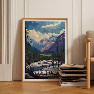 Cairngorms National Park Poster, Scotland Travel Art, Retro Railway Style, Scottish Highlands Reindeer Scene, Hiking Wall Decor, C20-957