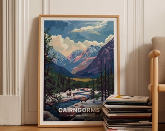 Cairngorms National Park Poster, Scotland Travel Art, Retro Railway Style, Scottish Highlands Reindeer Scene, Hiking Wall Decor, C20-957