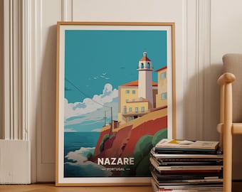 Nazare Portugal Travel Poster, Coastal Wall Art, C20-228