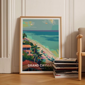 Grand Cayman Retro Travel Poster, Caribbean Wall Art, Mid-Century Style Decor, US Cities Landscape, C20-574