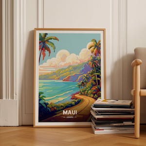 Maui-reisposter, Hawaii Road to Hana Art, modern muurdecor uit het midden van de eeuw, schilderachtig landschap van Lahaina, C20-110