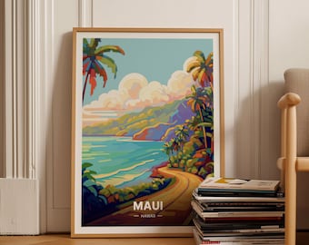 May include: A framed art print featuring a colorful coastal landscape of Maui, Hawaii. The artwork depicts a winding road, palm trees, and a turquoise ocean under a blue sky with fluffy clouds. The word "MAUI" is printed at the bottom.
