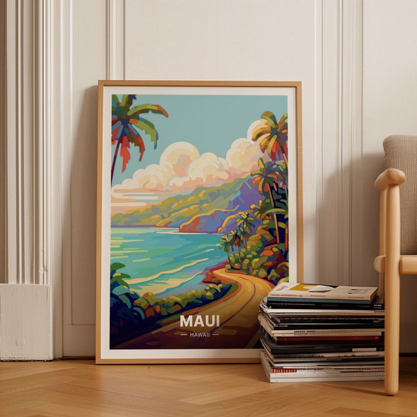 Maui Travel Poster, Hawaii Road to Hana Art, Mid-Century Modern Wall Decor, Lahaina Scenic Landscape, C20-110