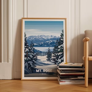 Pôster de esqui Mount Rose Tahoe, arte de viagem em Sierra Nevada, snowboard em Reno, decoração retrô de montanha, arte de parede de estação de esqui, exclusivo, C20-1244