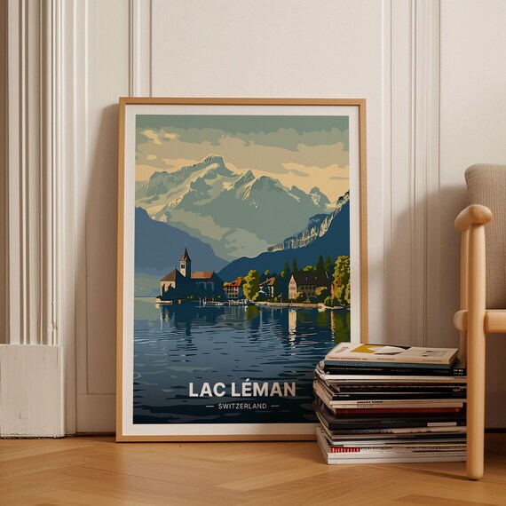 LOVER'S BAY コラージュアート Switzerland Lac Léman Travel Poster, Vintage Style Swiss Landscape